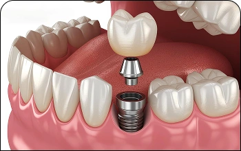 Dental implant model in the foreground with a smiling woman in the background, representing tooth restoration.