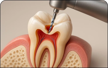 Detailed medical illustration of a root canal procedure to treat infected tooth pulp.