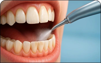 Professional dental cleaning illustration showing plaque removal with specialized tools.