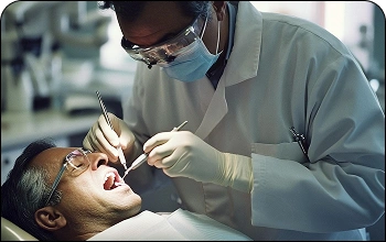 Dentist using a dental model to demonstrate proper brushing techniques for preventive care.