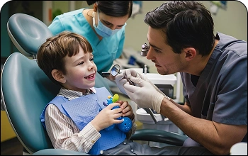 Pediatric dentist performing a gentle oral examination for a child in a dental chair.