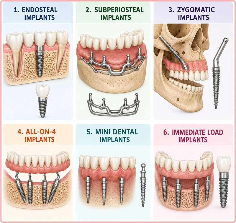 Illustration showing various types of dental 
                                implants and prosthetics on upper and lower jaws.