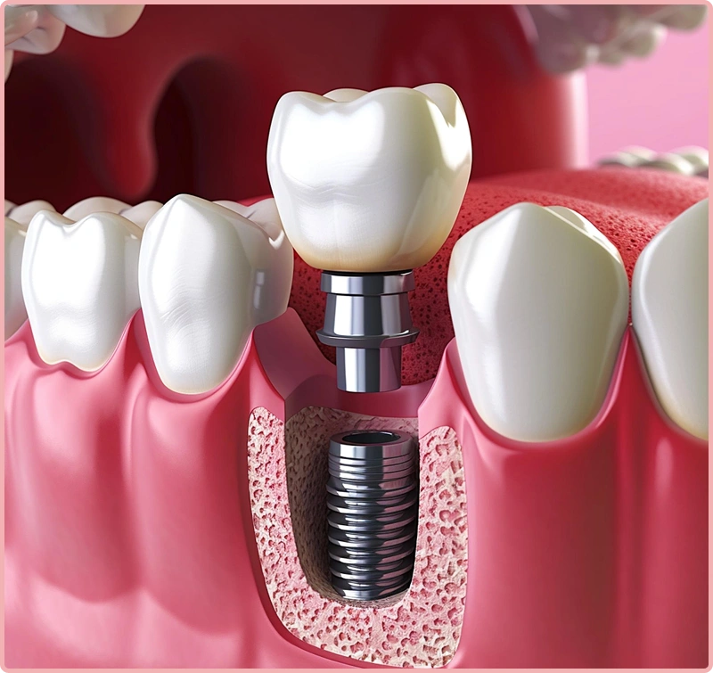 Close-up 3D rendering of a dental implant being
                                placed next to natural teeth in the jawbone.