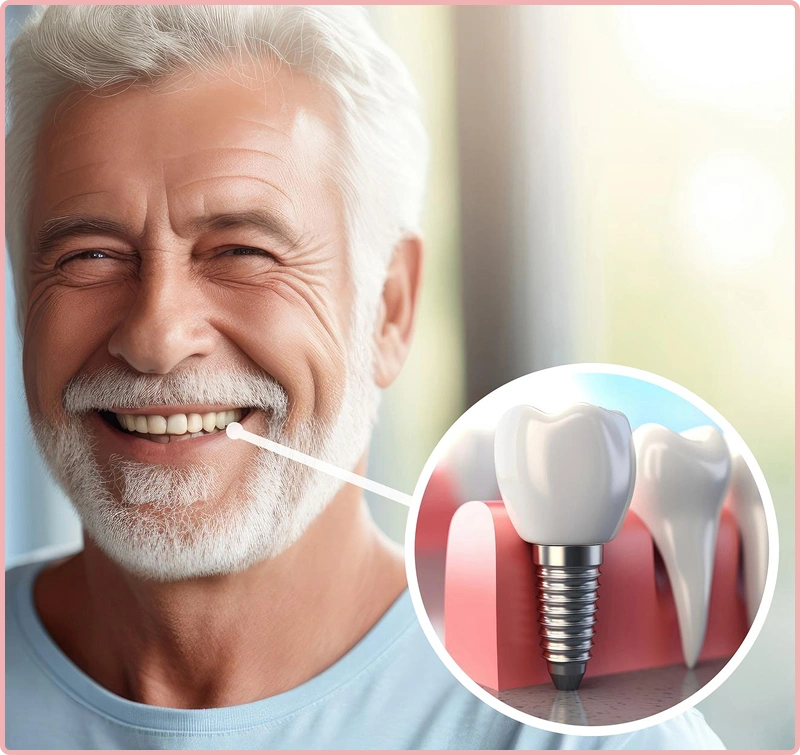 Smiling man with a highlighted illustration of a
                                dental implant on one of his front teeth.