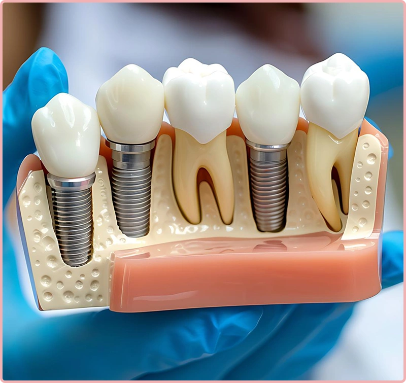 Hands wearing blue gloves holding a dental 
                                implant model showing a metal implant between natural teeth.