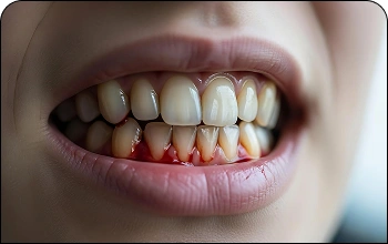 Patient lifting upper lip to show bleeding gums, a common sign of gingivitis.