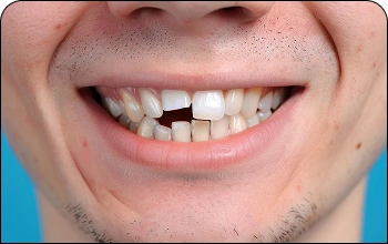 Close-up portrait of a woman with misaligned or crooked teeth before orthodontic treatment.