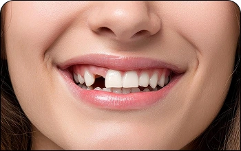Close-up of a child’s smile showing missing primary teeth or gaps.