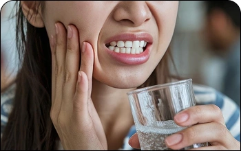 Man wincing while holding his jaw, representing sharp tooth sensitivity.