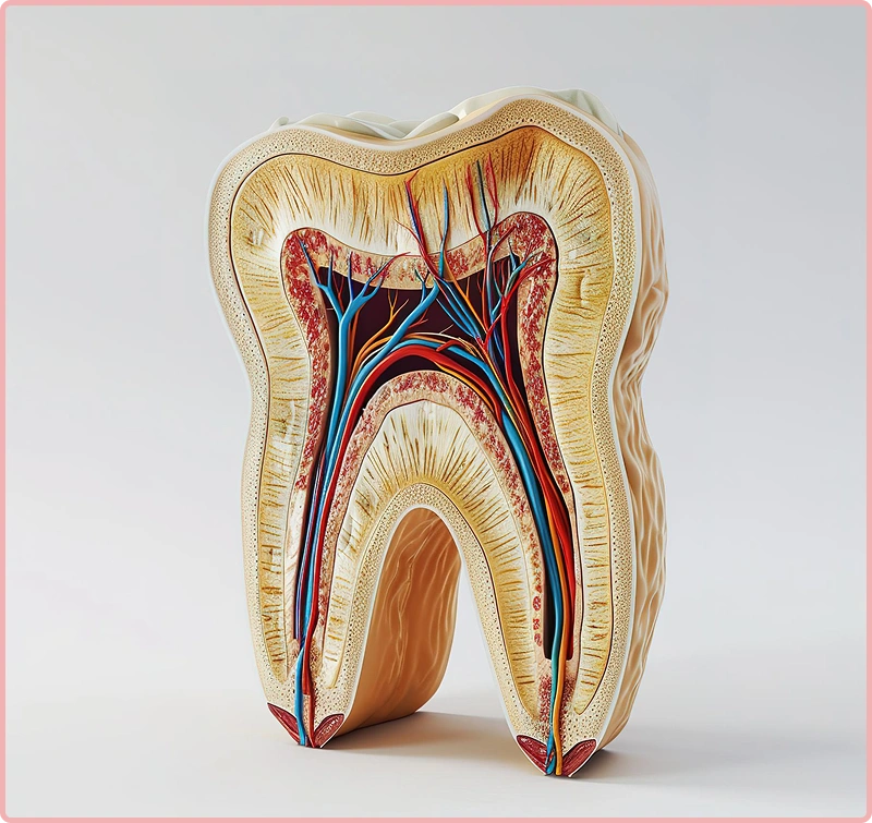 A detailed cross-sectional illustration showing a dental instrument inside the root canal of a tooth, cleaning and shaping the canal.