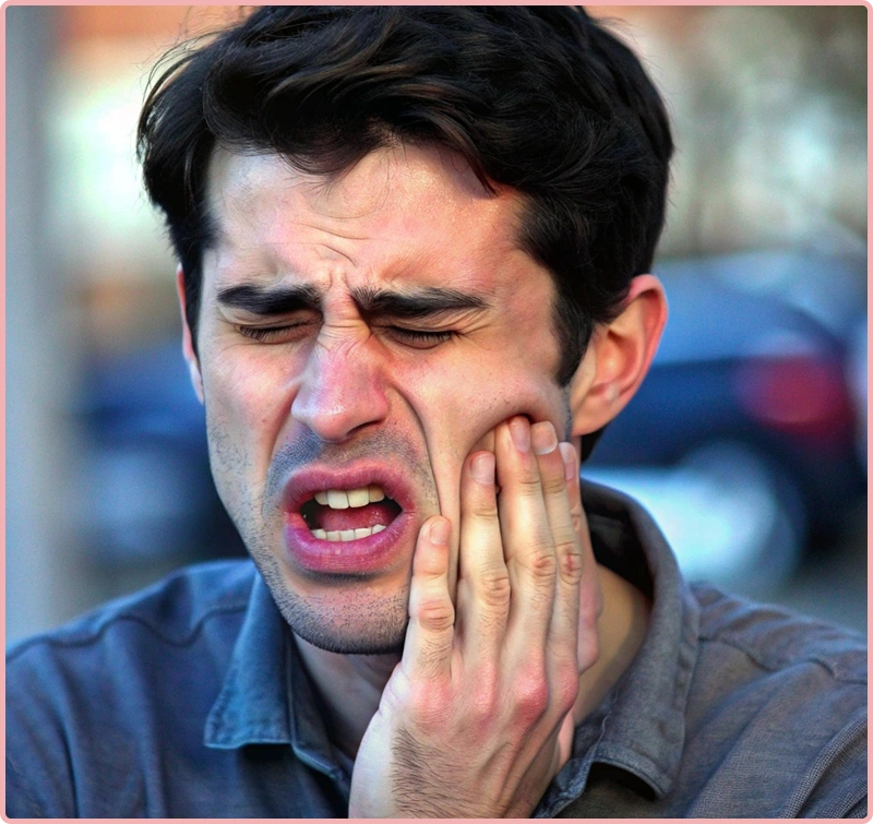 A man holding his jaw, clearly in pain, likely 
                                indicating a toothache or dental pain.