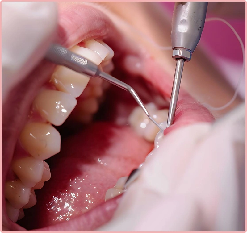 Another illustration of a dental tool 
                                inside a tooth's root canal, demonstrating the cleaning or shaping procedure.